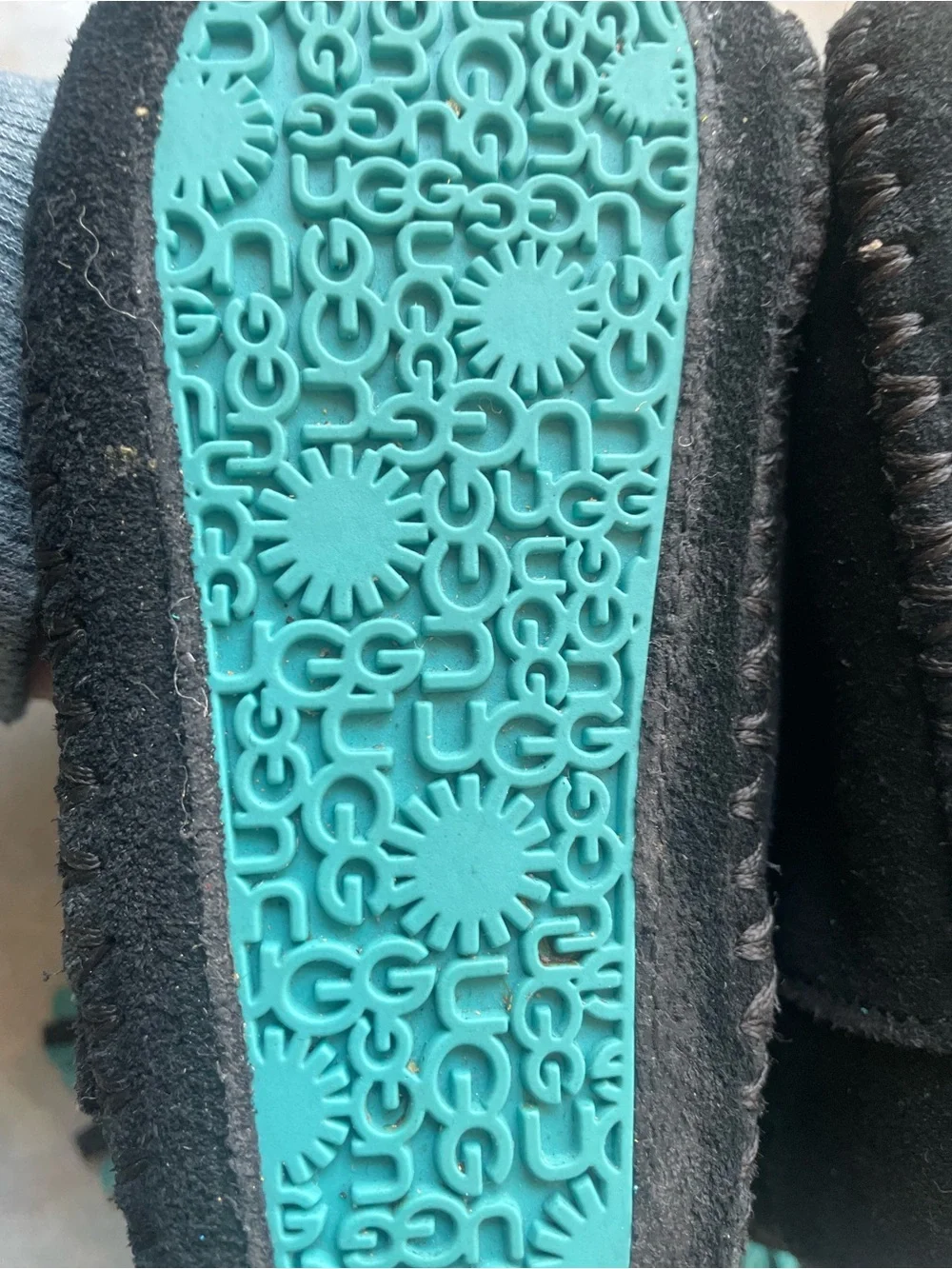 UGG Black Suede Kids Fringe Boots with Teal Accents